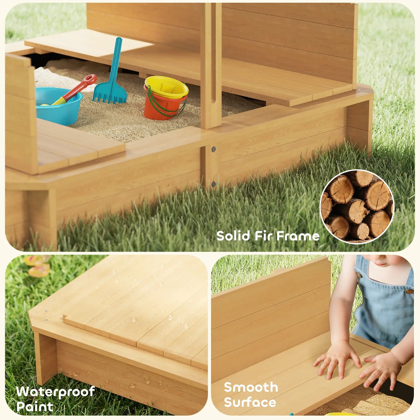 Wooden Kids Sandbox with Cover, Foldable Bench Seats, Adjustable Canopy, Light Brown Sandboxes & Accessories at Gallery Canada
