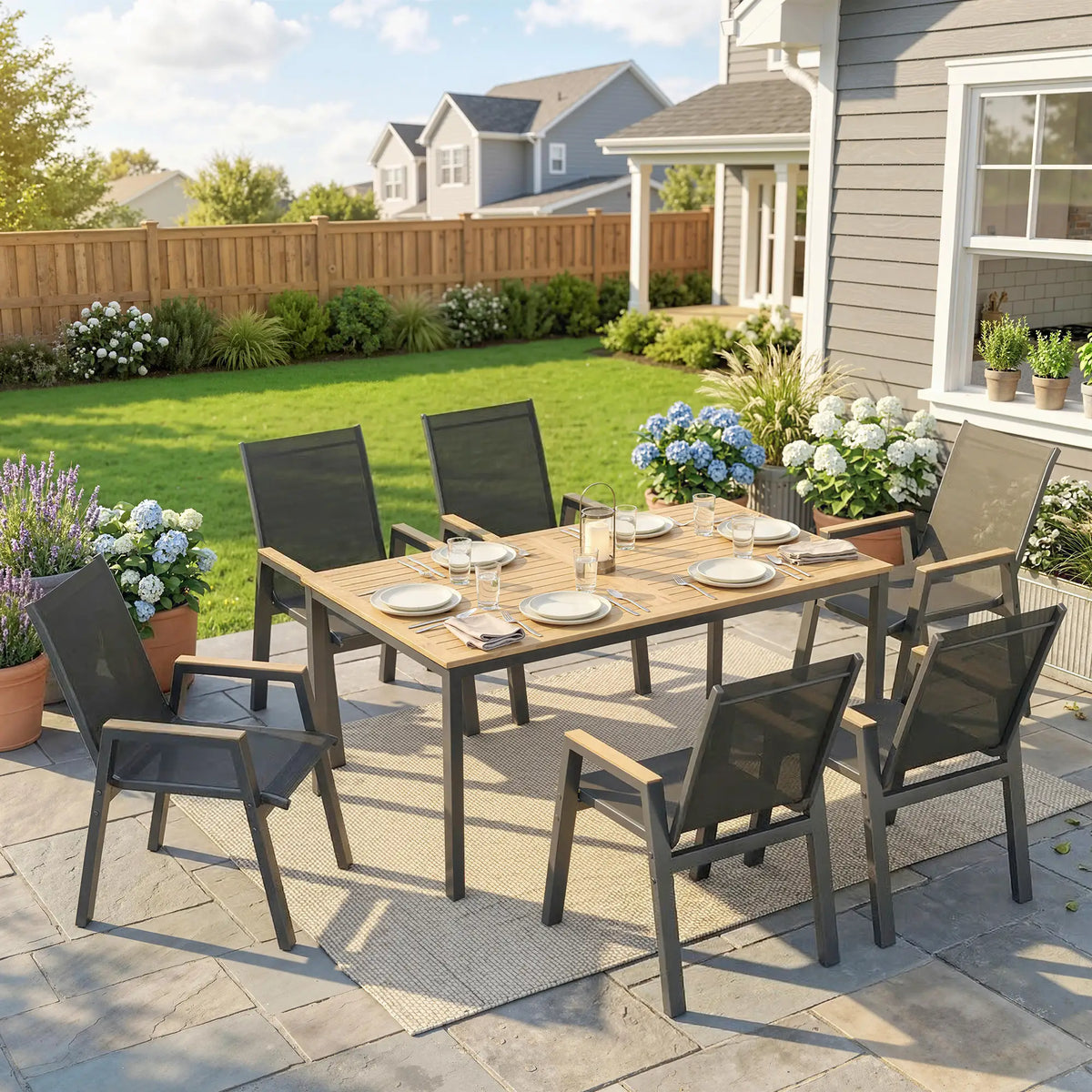 7 Piece Outdoor Dining Set, Rectangle Patio Table, 6 Mesh Chairs
