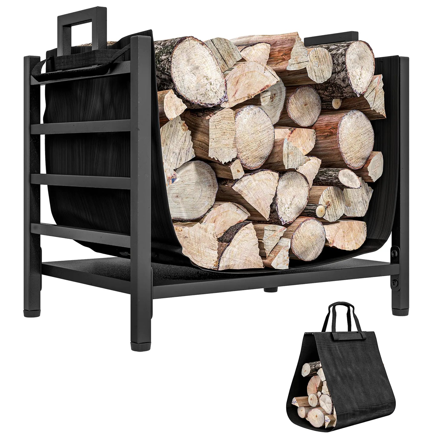 Outdoor Firewood Rack With Log Carrier, Heavy Duty Steel, Black Firewood Racks at Gallery Canada