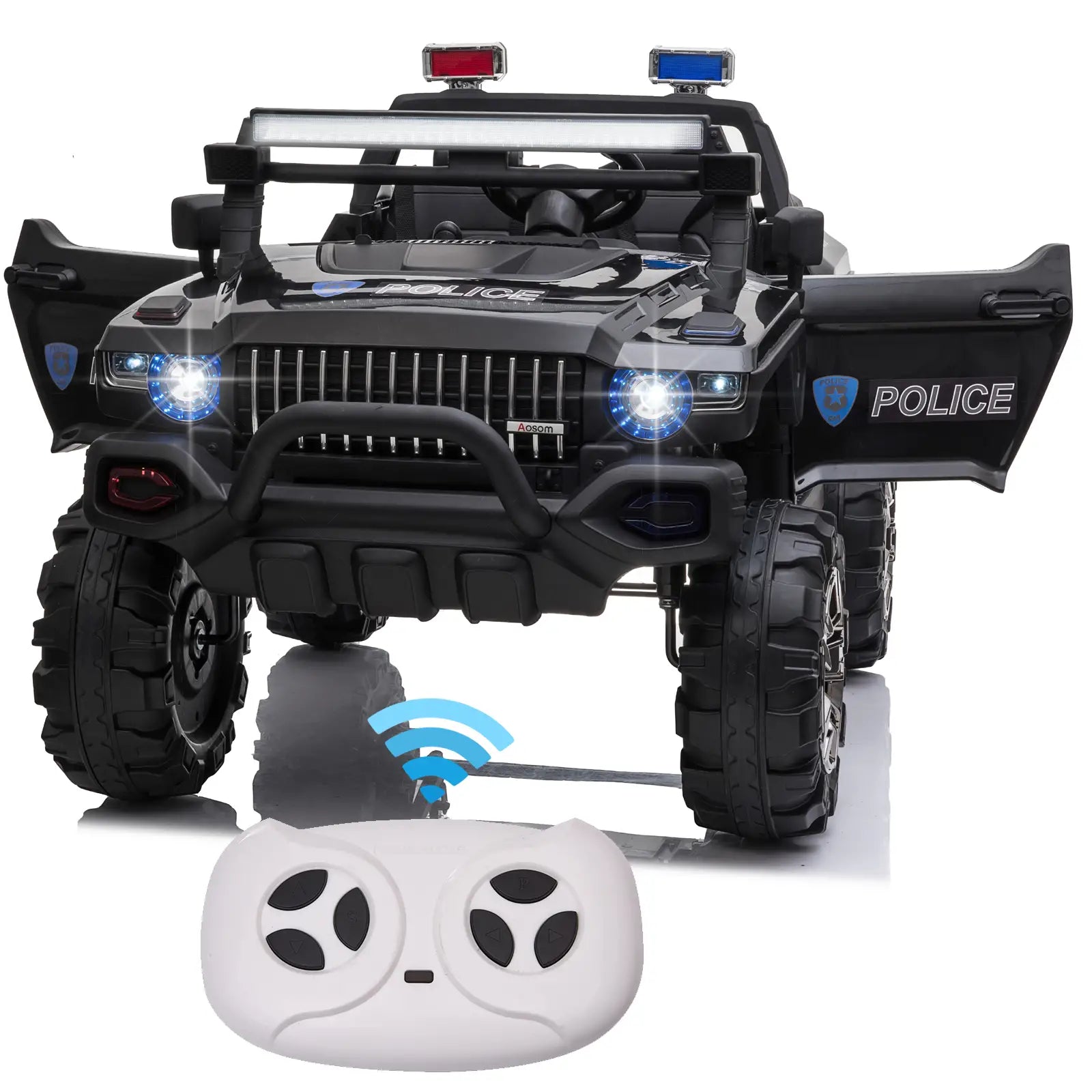 12V Ride On Police Car, 2 Seater, For Kids 3-8 Years, Remote Control, LED Lights, MP3, Black Electric Toy Cars at Gallery Canada
