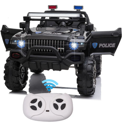 12V Ride On Police Car, 2 Seater, For Kids 3-8 Years, Remote Control, LED Lights, MP3, Black Electric Toy Cars at Gallery Canada