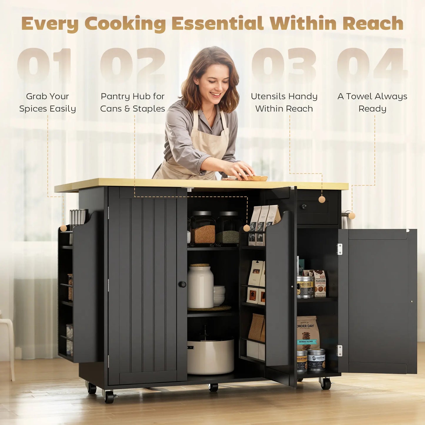 Kitchen Island Cart With Drop Leaf, Drawer, Rack, Black