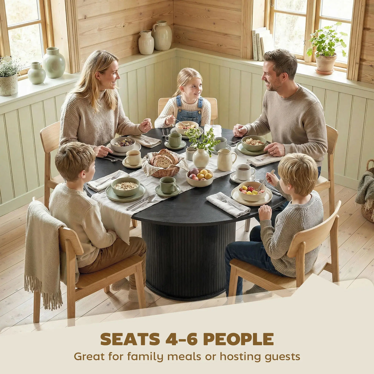 47 Inch Round Dining Table For 5, Fluted Pedestal Base, Black Dining Tables at Gallery Canada