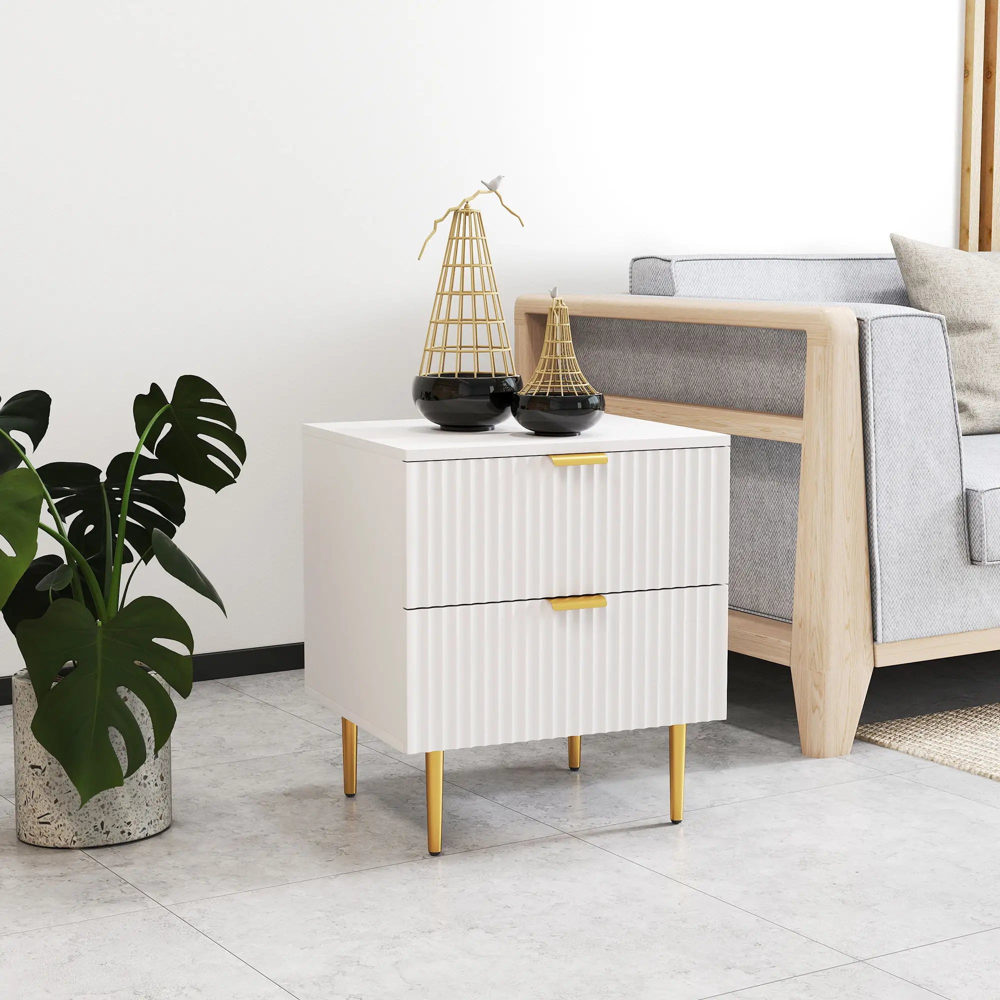 Bedside Table, Modern Nightstand with 2 Drawers, Side End Table with Metal Legs for Living Room, Bedroom, White Bedside Tables at Gallery Canada