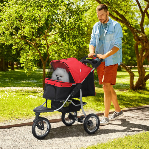 Lightweight Pet Stroller, 3-Rubber Wheels, Adjustable Canopy, Zippered Mesh, Red