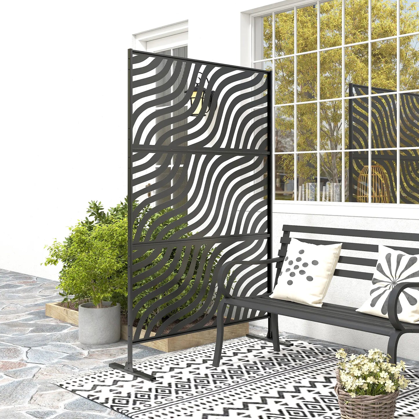 78" X 48" Metal Outdoor Privacy Screen, Freestanding Divider, Black