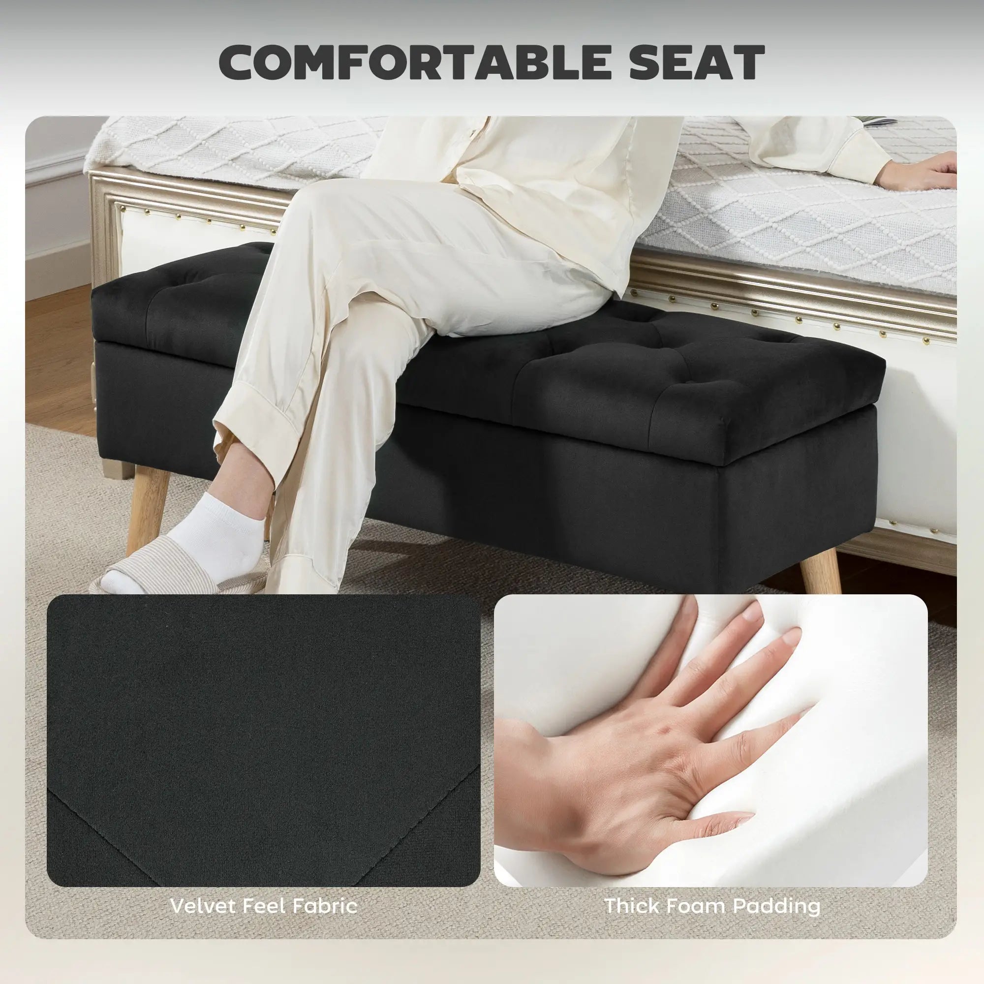 Velvet Storage Ottoman with Lid, Wood Legs, Black Storage Ottomans & Benches at Gallery Canada