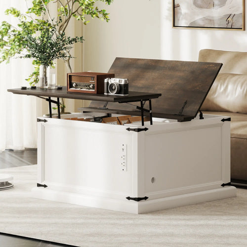 Lift Top Coffee Table, Square Farmhouse Center Table, White Wood Grain, White
