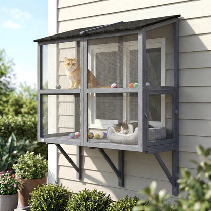 Outdoor Cat Enclosure, Wall-Mounted 2-Level Cat House, Waterproof Roof, 51.2", Grey Outdoor Cat Enclosures at Gallery Canada