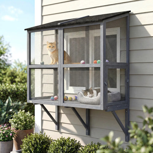 Outdoor Cat Enclosure, Wall-Mounted 2-Level Cat House, Waterproof Roof, 51.2