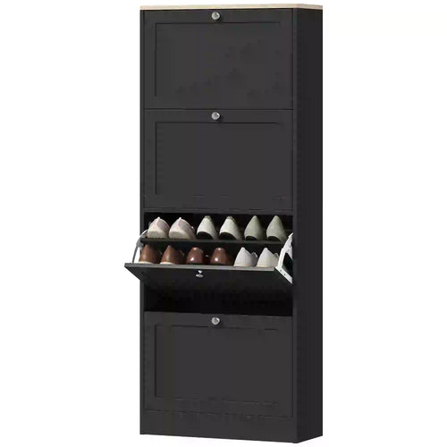 Shoe Storage Cabinet with 4 Flip Drawers, Adjustable Shelves, 18-24 Pairs, Black
