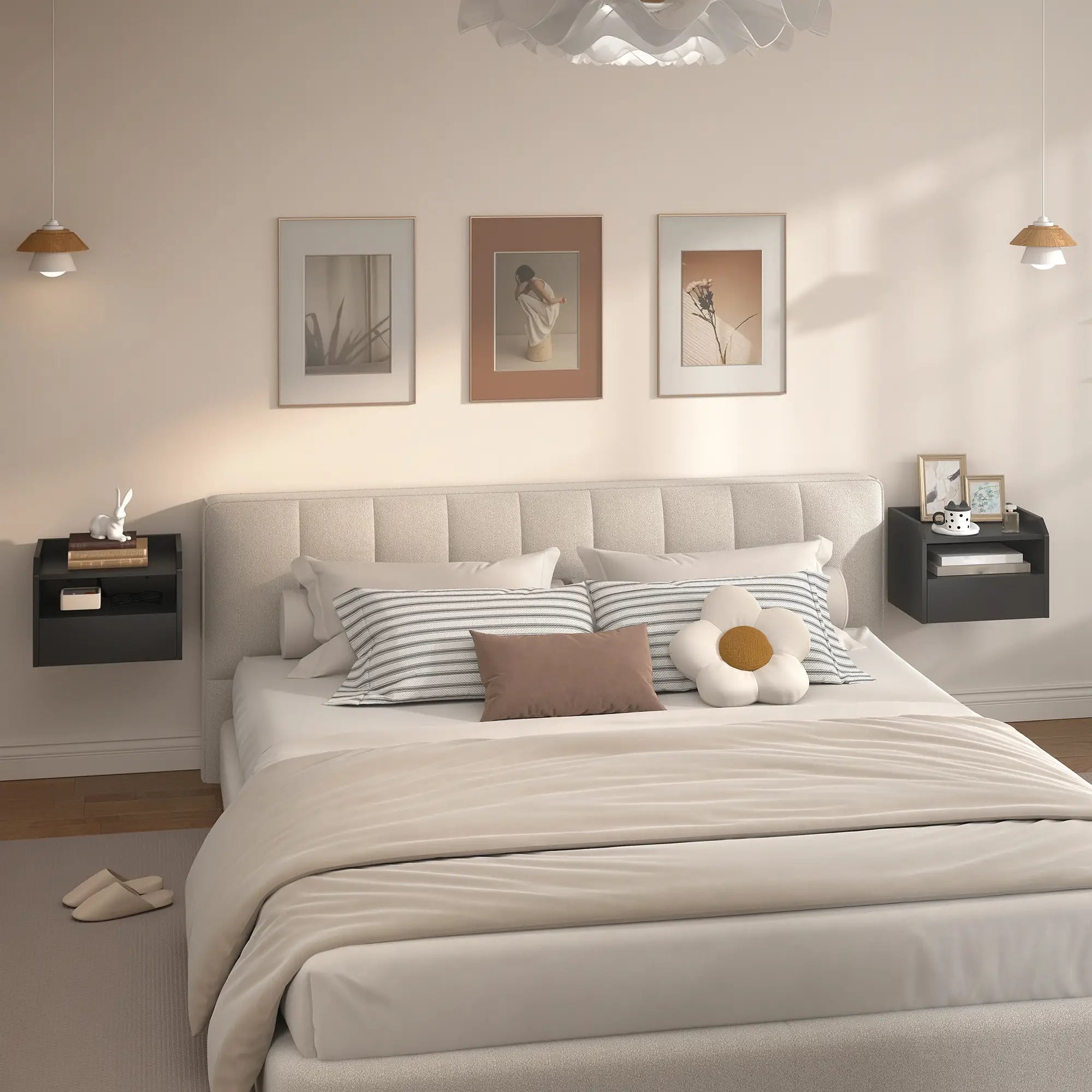 Wall Mounted Bedside Table, Set of 2 with Charging Station, Black Bedside Tables at Gallery Canada