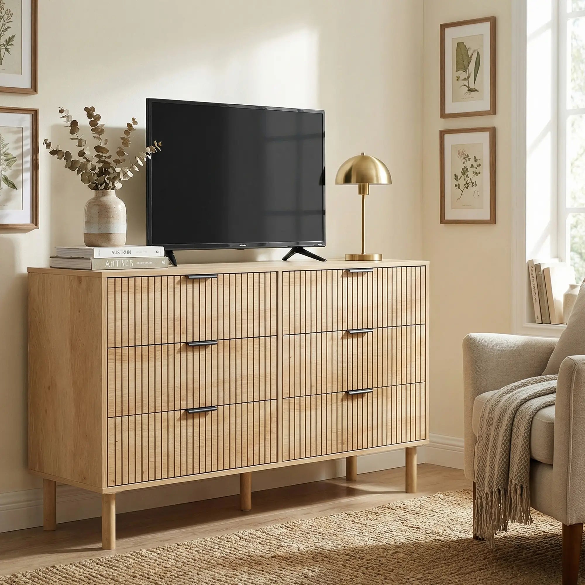 6 Drawer Dresser, Fluted Panels, Solid Wood Legs, Oak Storage Cabinets at Gallery Canada