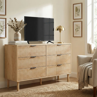 6 Drawer Dresser, Fluted Panels, Solid Wood Legs, Oak Storage Cabinets at Gallery Canada
