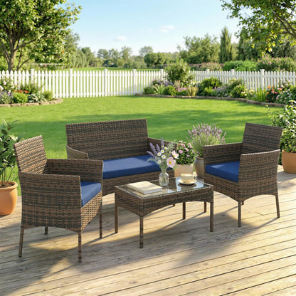 4-Piece Wicker Patio Furniture Set, Glass Coffee Table, Navy Blue Patio Furniture Sets at Gallery Canada
