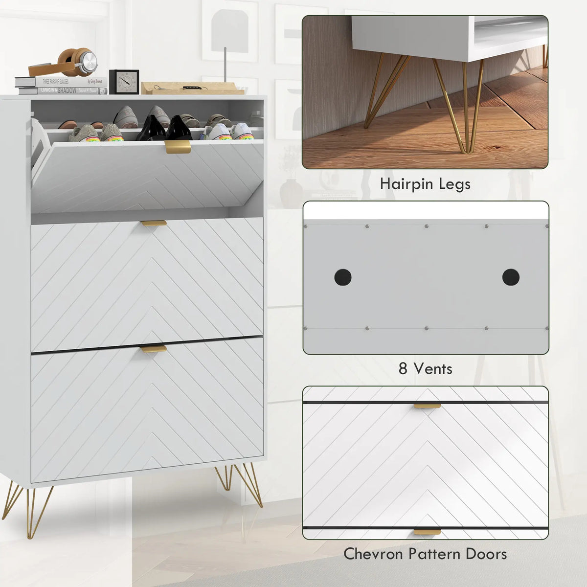 Modern Shoe Storage Cabinet, 3 Flip Drawers for 18 Pairs, Narrow, White