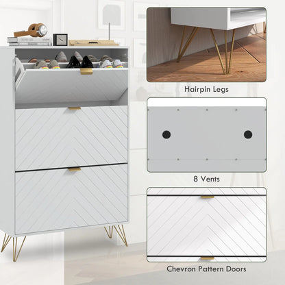 Modern Shoe Storage Cabinet, 3 Flip Drawers for 18 Pairs, Narrow, White