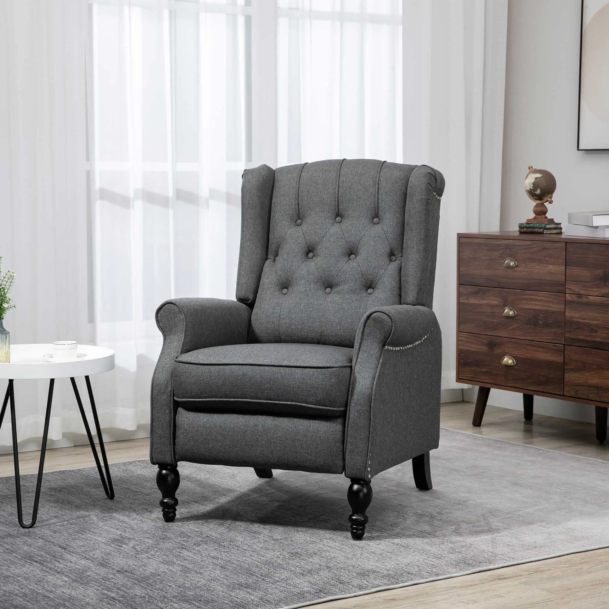 Wingback Reclining Chair with Footrest, Button Tufted, Dark Grey Single Sofas at Gallery Canada