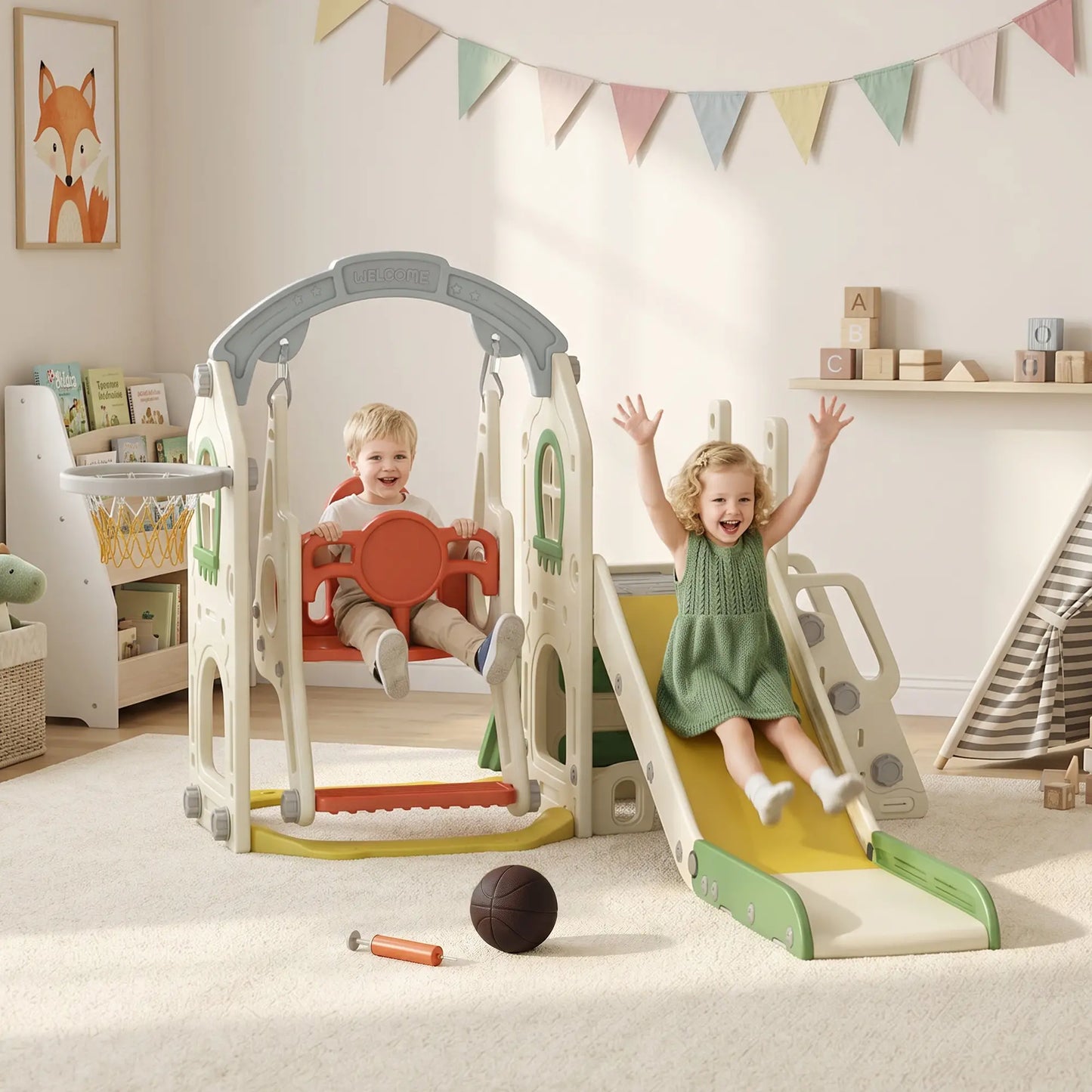 Ensemble de toboggan et balançoire pour tout-petits 5-en-1 avec siège réglable, crème