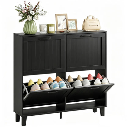 Shoe Cabinet with 4 Flip Drawers, Freestanding Narrow Shoe Storage Cabinet with Adjustable Shelves, Open Back, Black
