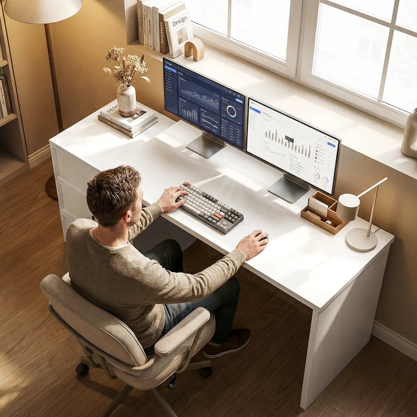 L Shaped Computer Desk, 3 Drawers, White Wood Grain, White Computer Desks at Gallery Canada