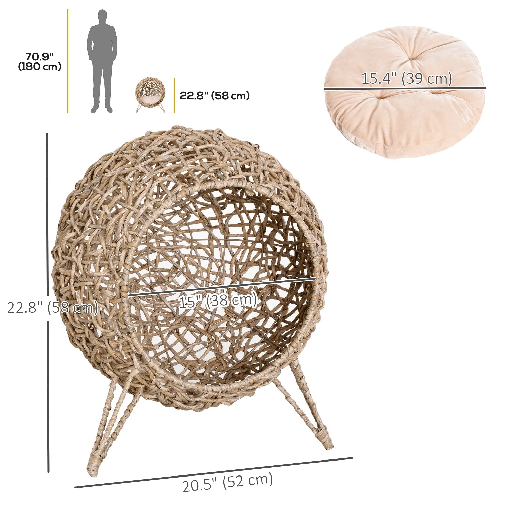 Rattan Cat House with Cushion, Elevated Wicker Kitten Bed, Natural Wood Cat Houses at Gallery Canada
