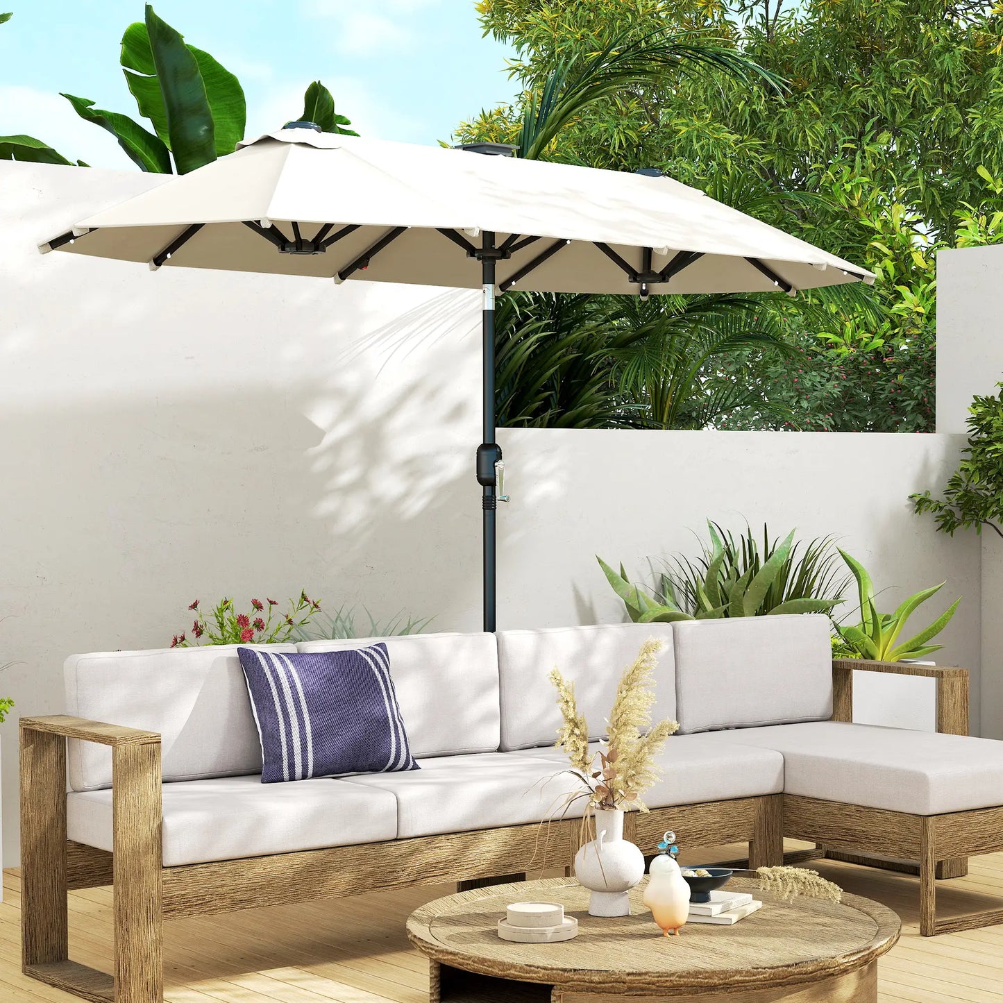 10ft Double-Sided Patio Umbrella, 35 LED Lights, 12 Ribs, Beige Double-sided Umbrellas at Gallery Canada