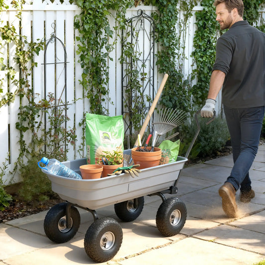 Steel Garden Cart, 10" Pneumatic Tires, 551lbs Capacity, Grey