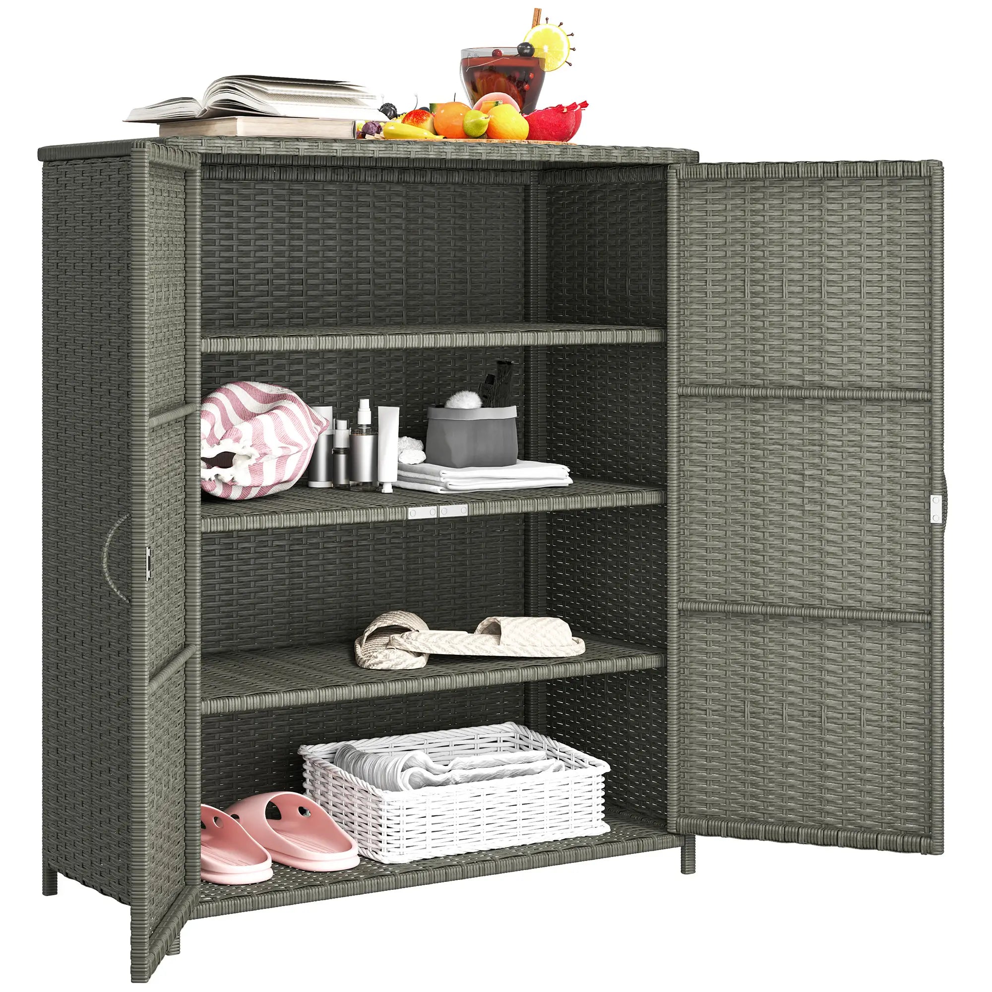 Wicker Outdoor Storage Cabinet, 4 Shelves, 2 Doors, Dark Grey Patio Storage Boxes at Gallery Canada