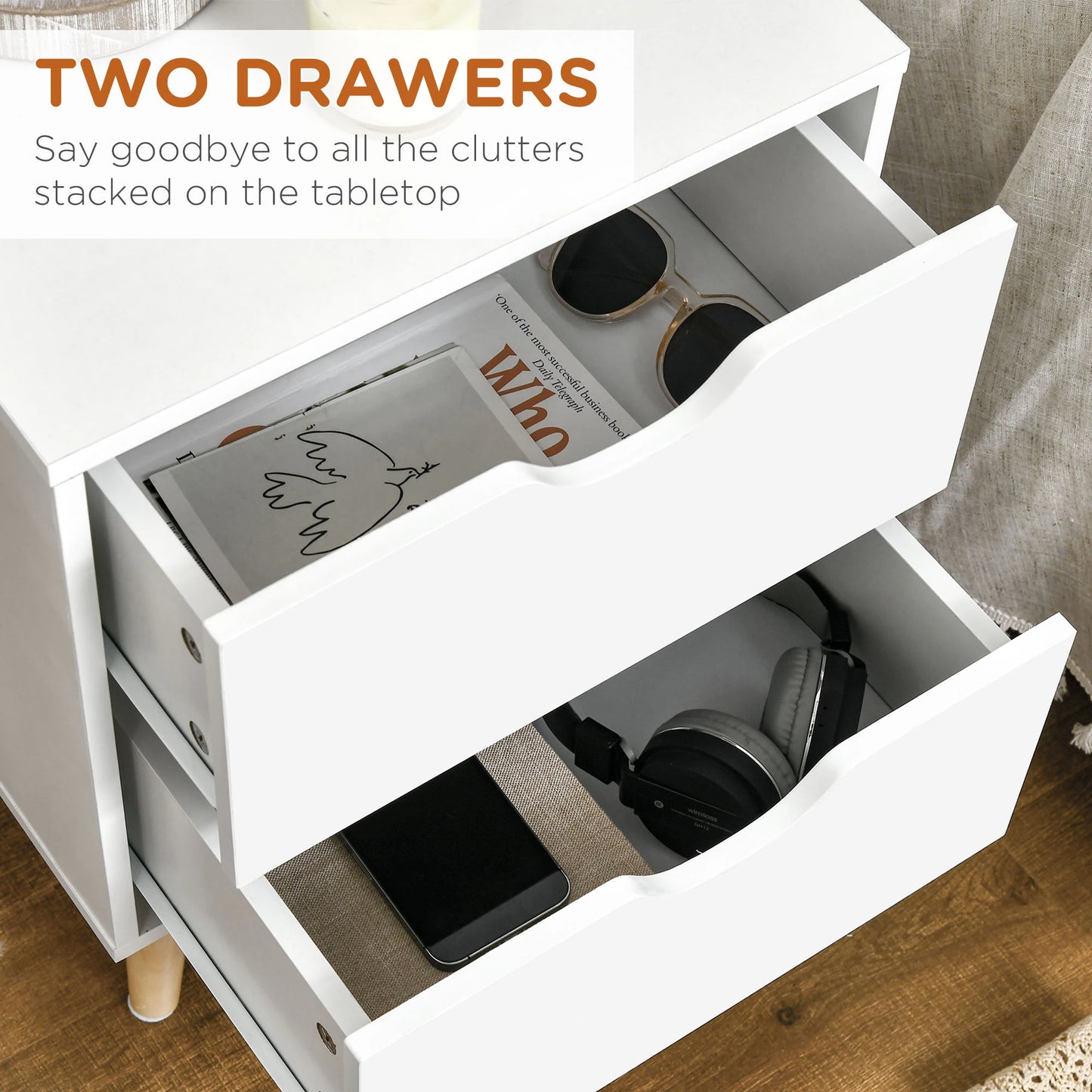 Modern Bedside Table, Nightstand with 2 Drawers, Pine Wood Legs, White Bedside Tables at Gallery Canada