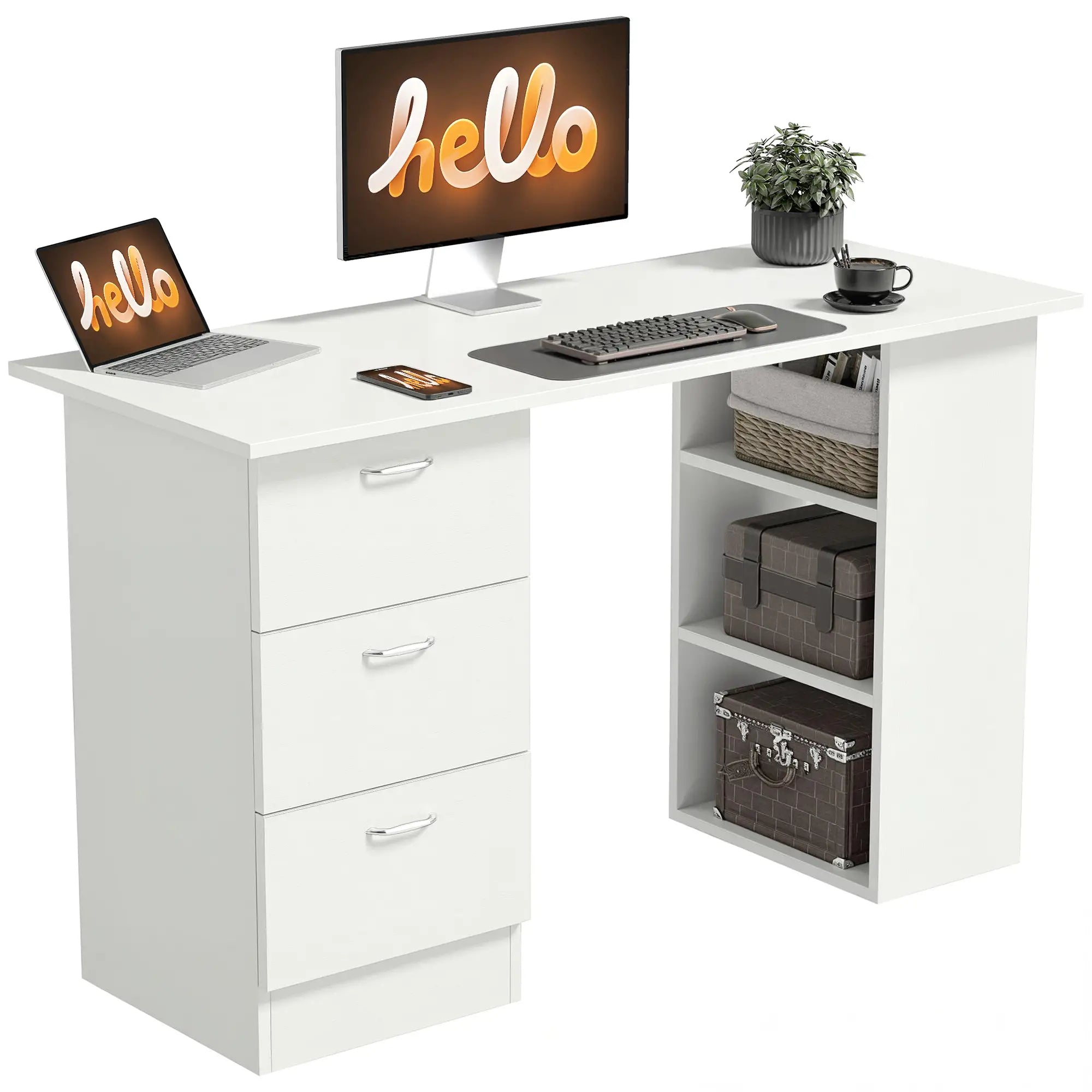 47 Inches Office Desk, 3-Tier Storage Shelves, Drawers, White Writing Desks at Gallery Canada