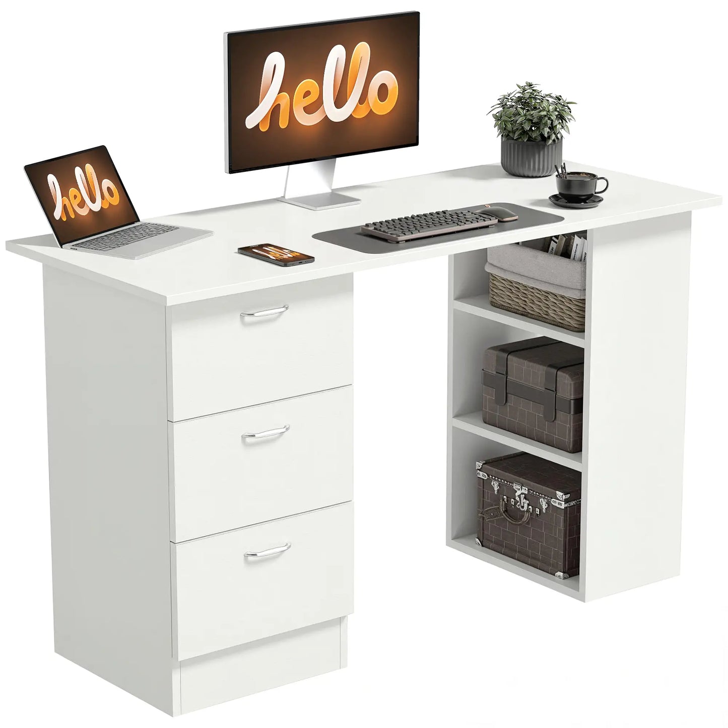 47 Inches Office Desk, 3-Tier Storage Shelves, Drawers, White Writing Desks at Gallery Canada
