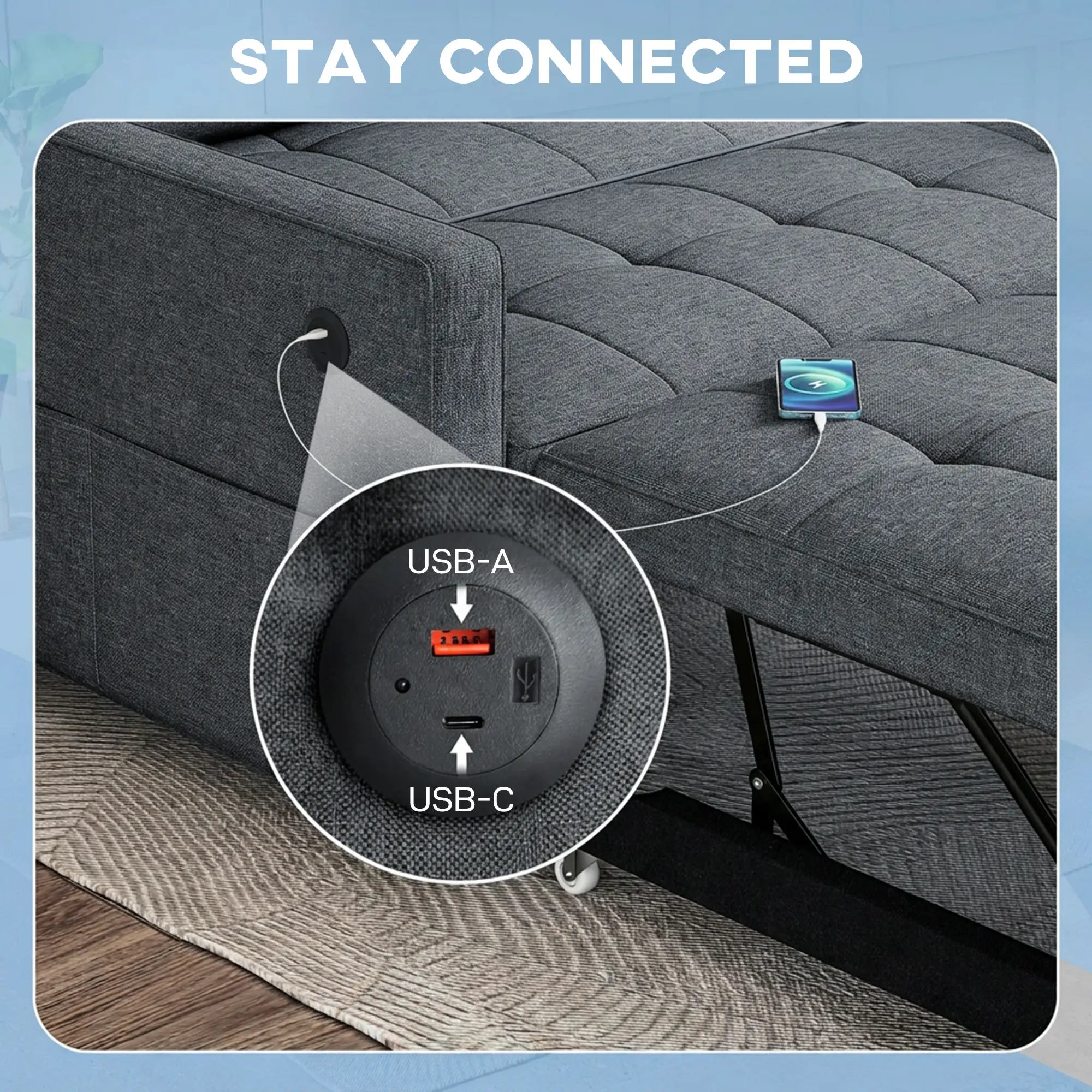 Pull Out Sofa Bed With USB Ports, Linen Loveseat Futon, Dark Grey 2-Seater Sofas at Gallery Canada