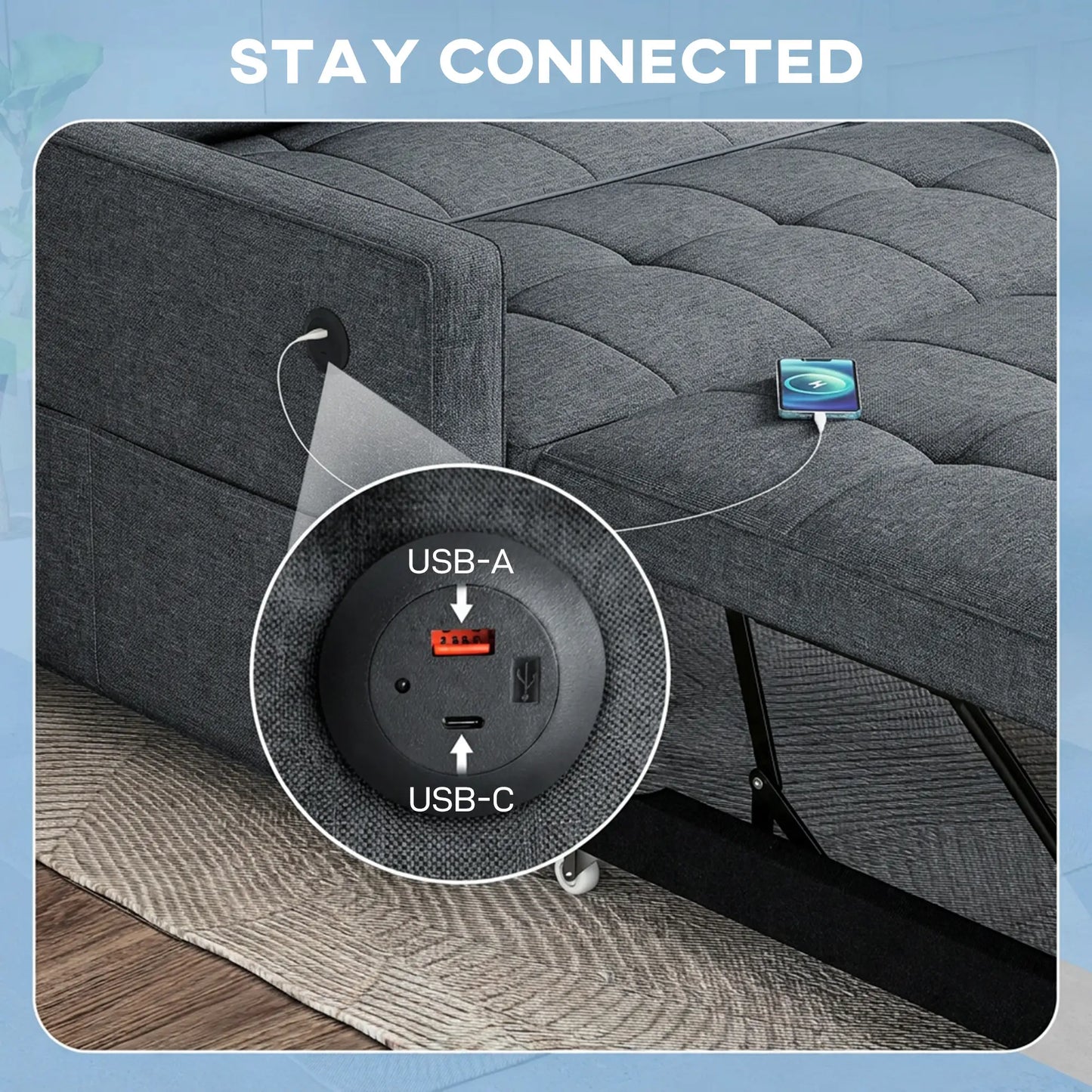 Pull Out Sofa Bed With USB Ports, Linen Loveseat Futon, Dark Grey 2-Seater Sofas at Gallery Canada