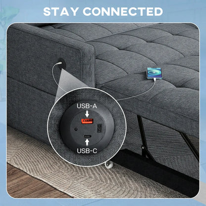 Pull Out Sofa Bed With USB Ports, Linen Loveseat Futon, Dark Grey 2-Seater Sofas at Gallery Canada