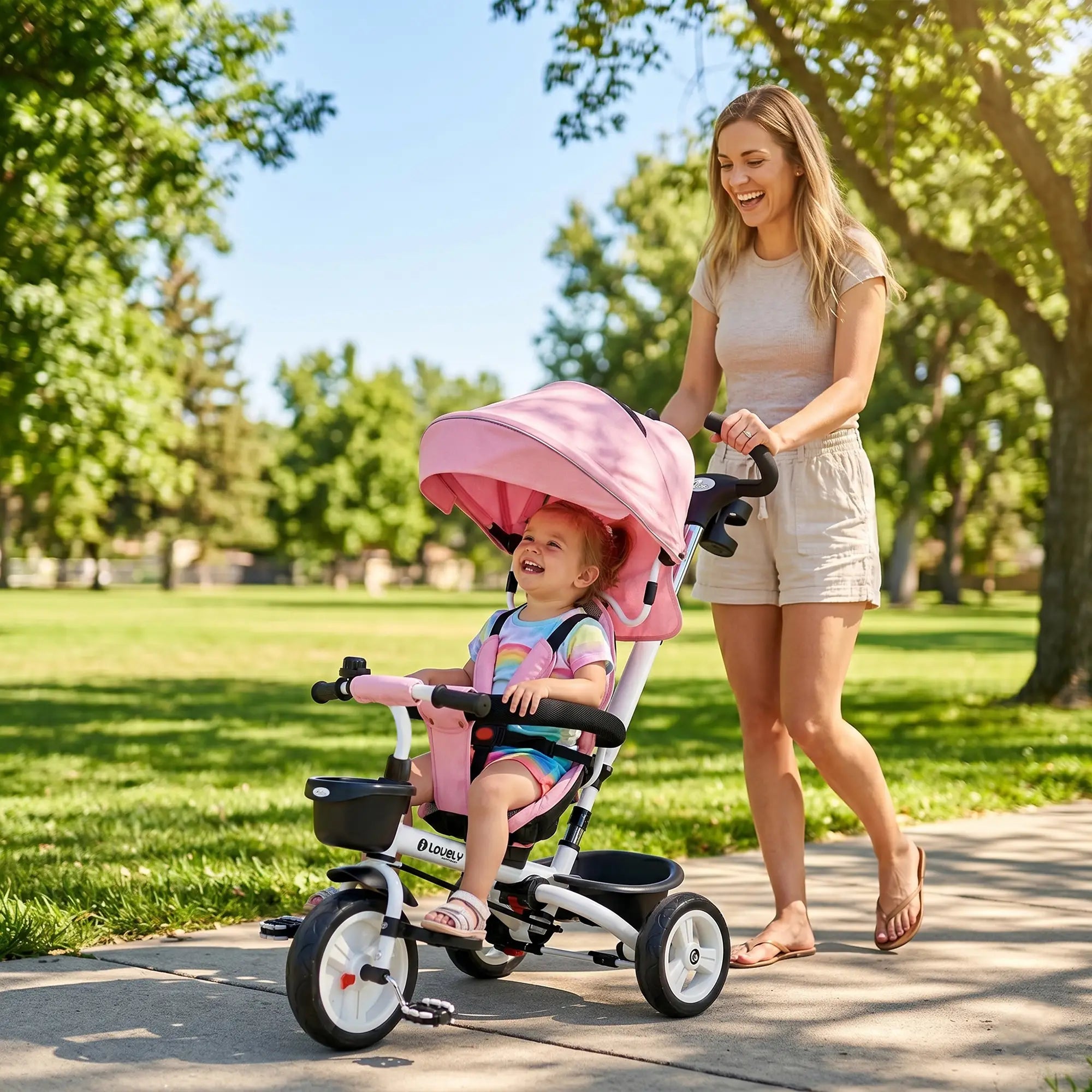 6 in 1 Toddler Tricycle, Parent Push Handle, Canopy, Storage Baskets, Pink Tricycles for Kids at Gallery Canada