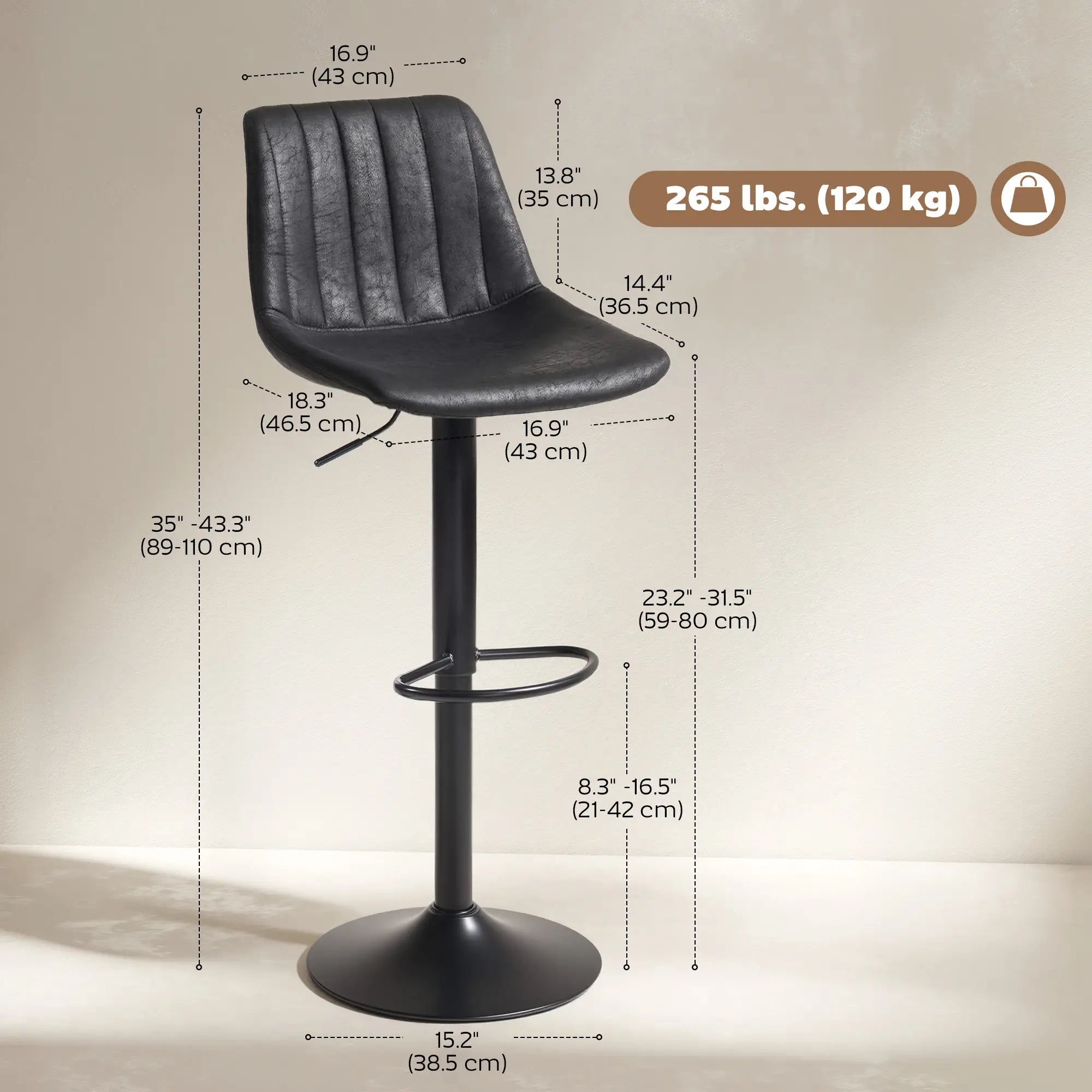 Adjustable Swivel Bar Stools, Set Of 2, Leathaire Upholstery, Black Bar Stools at Gallery Canada