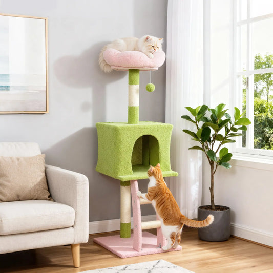 48 Inch Flower Cat Tree, Scratching Post, Cozy Bed, Condo, Green Cat Towers Pink, Green, Cream White at Gallery Canada