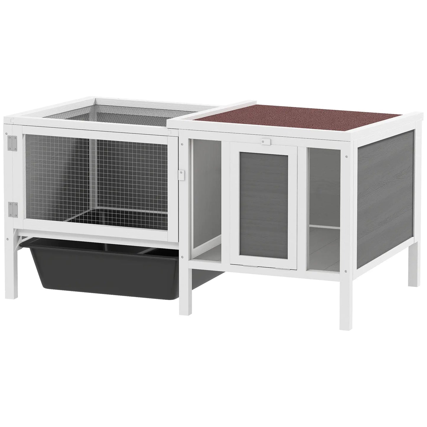 Wooden Rabbit Hutch With Run, Openable Top, Pull Out Tray, Ramp, Water-Resistant Roof, Grey