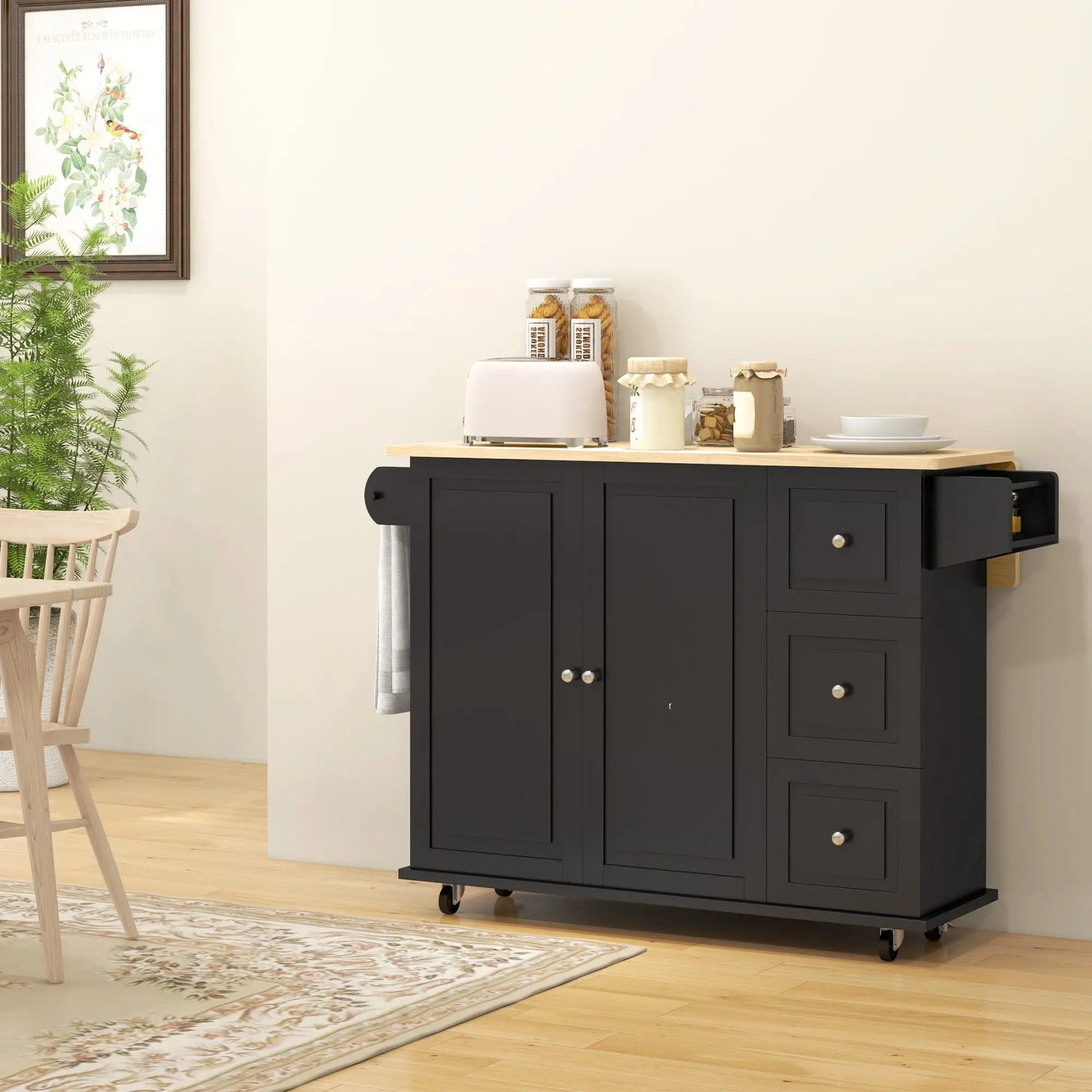 Kitchen Island on Wheels, Drop Leaf Cart with Drawers, Black