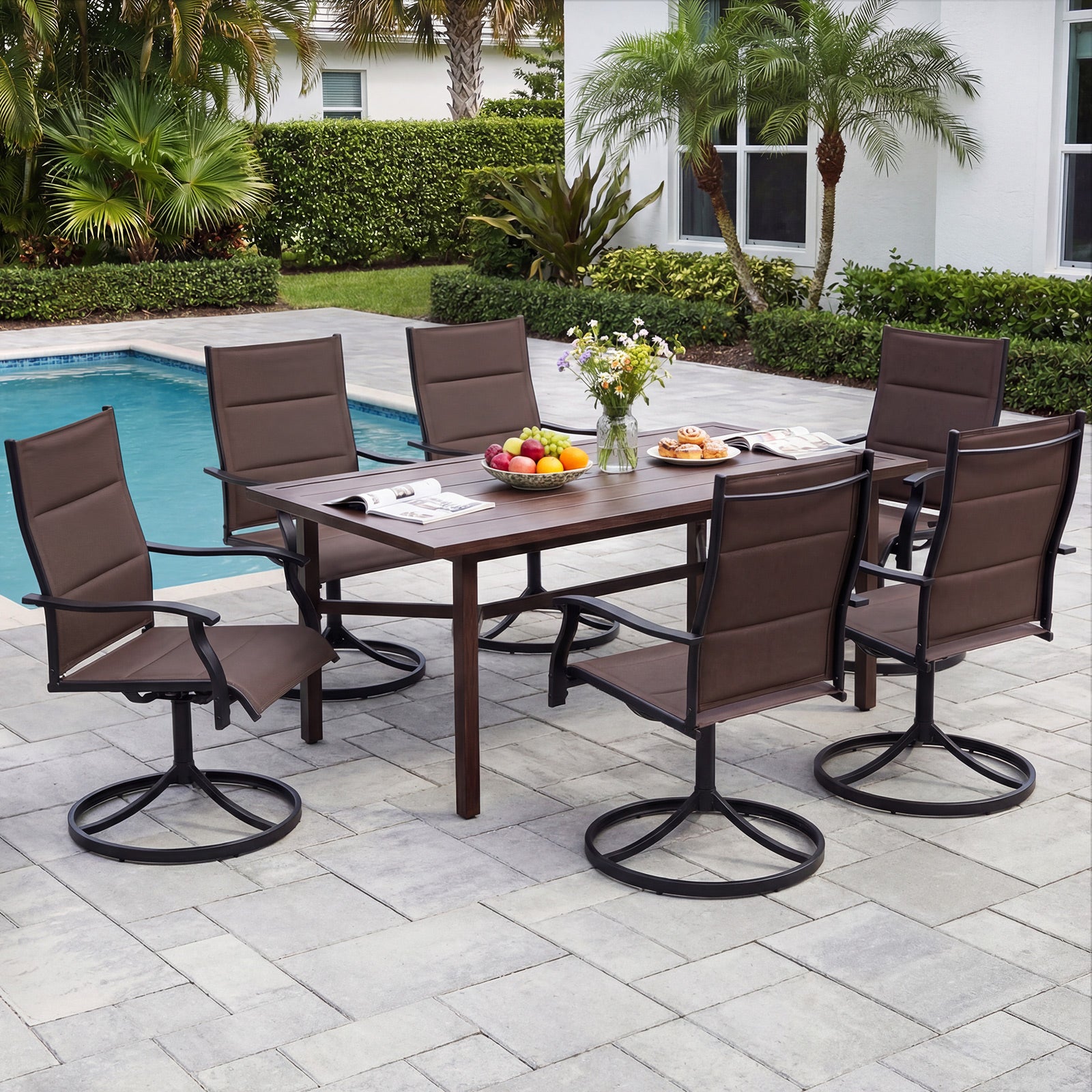Padded Patio Swivel Chairs Set of 2 Ergonomic Outdoor Dining Chairs with Breathable Fabric, Brown Patio Dining Chairs at Gallery Canada