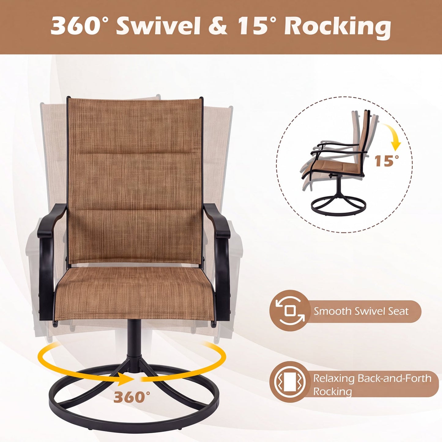 Padded Patio Swivel Chairs Set Of 2, Light Brown