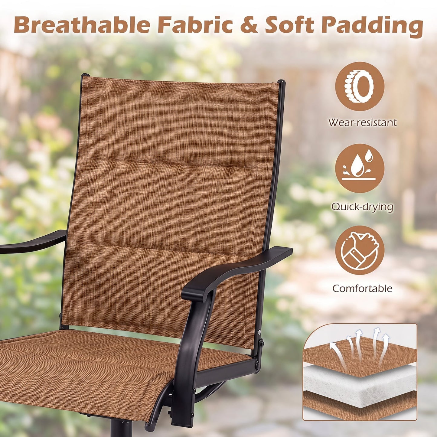 Padded Patio Swivel Chairs Set Of 2, Light Brown