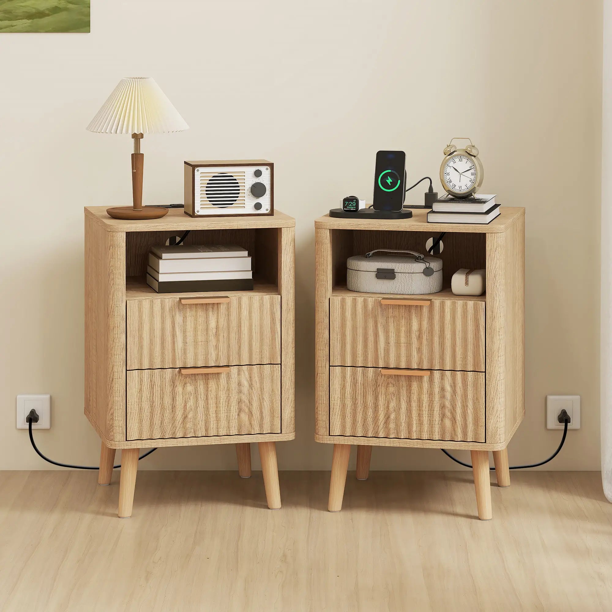 Modern Nightstands Set Of 2, Charging Station, 2 Drawers, Open Shelf, Oak Bedside Tables at Gallery Canada