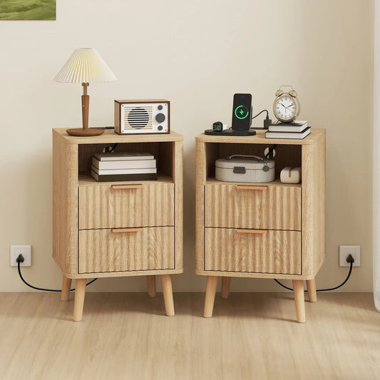 Modern Nightstands Set Of 2, Charging Station, 2 Drawers, Open Shelf, Oak Bedside Tables Oak at Gallery Canada