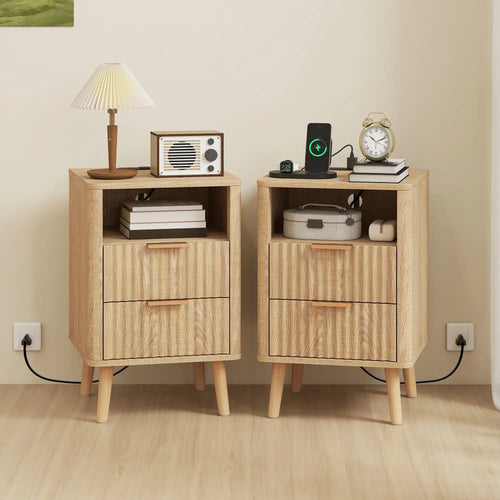 Modern Nightstands Set Of 2, Charging Station, 2 Drawers, Open Shelf, Oak
