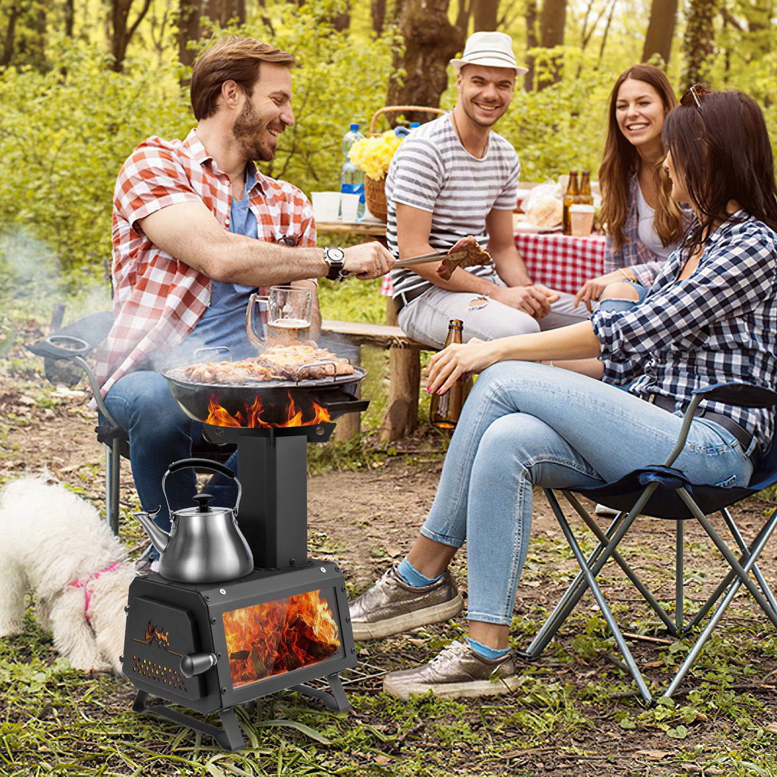 Patented Portable Wood Camping Burning Stove Heater with 2 Cooking Positions, Black Fire Pits at Gallery Canada