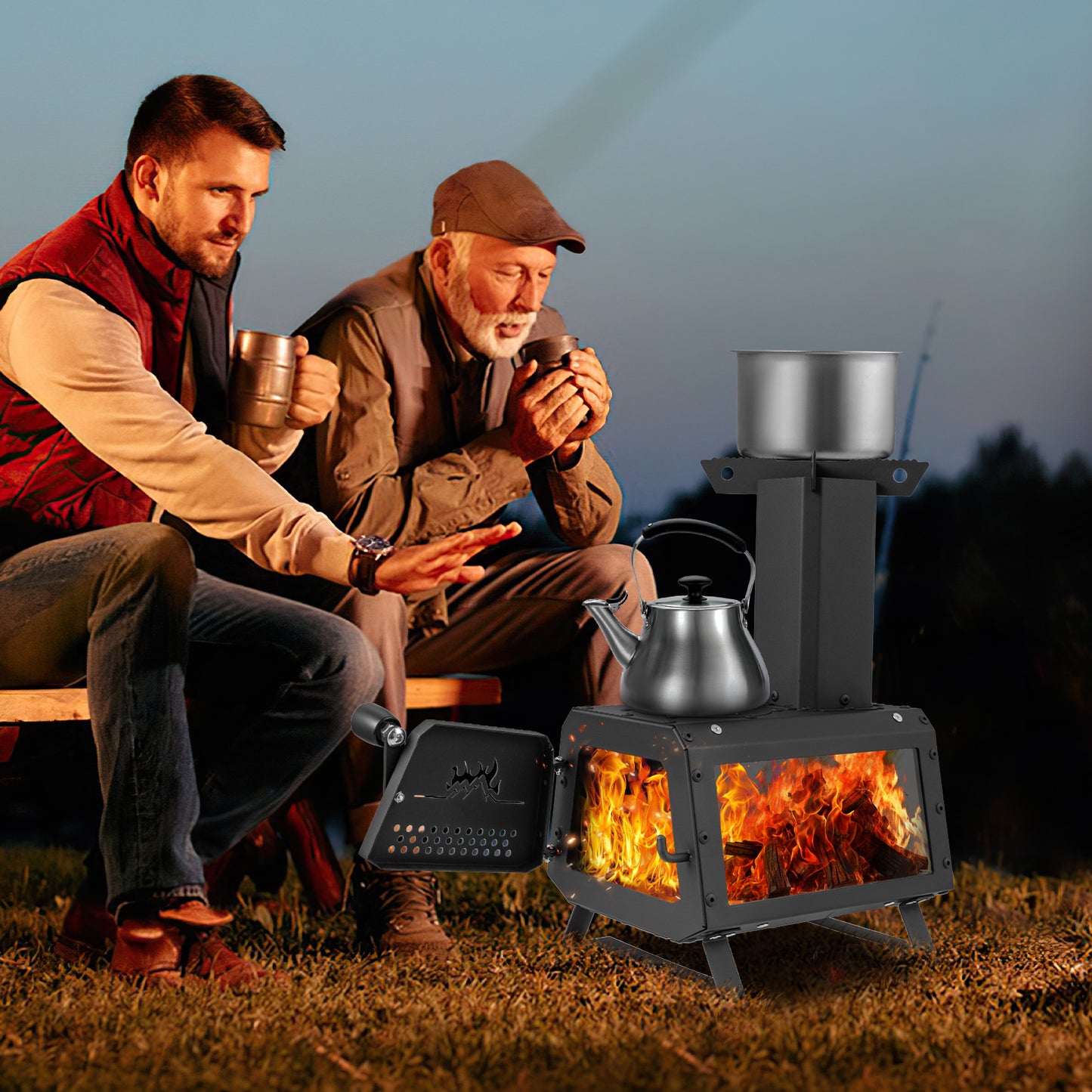 Patented Portable Wood Camping Burning Stove Heater with 2 Cooking Positions, Black Fire Pits at Gallery Canada