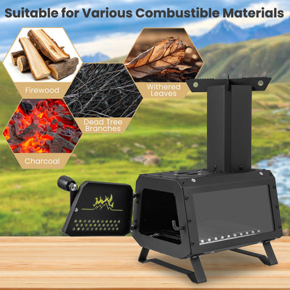 Patented Portable Wood Camping Burning Stove Heater with 2 Cooking Positions, Black Fire Pits at Gallery Canada