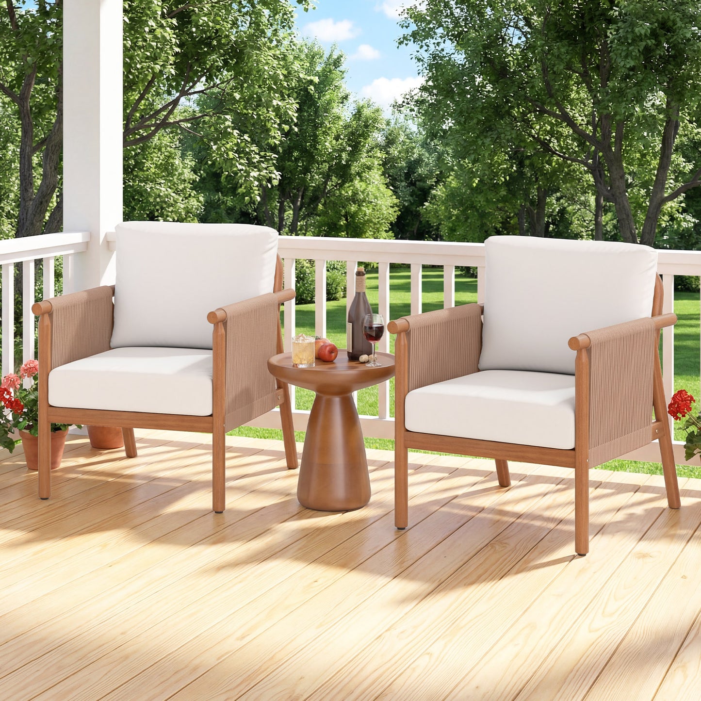 Acacia Wood Patio Chair, Woven Rope Armrests, Seat Back Cushions, White Patio Dining Chairs at Gallery Canada